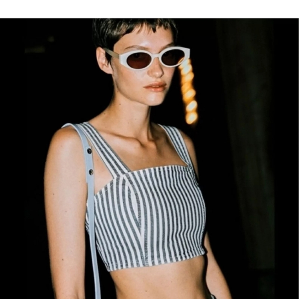 ZARA  denim Bustier Railroad Striped Blue, white stretch crop Top SIZE M
